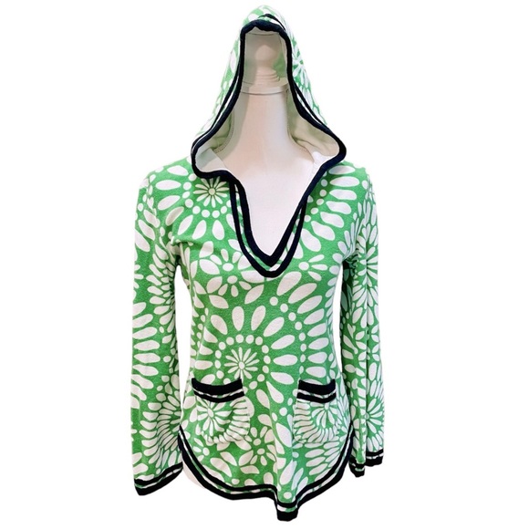 Tory Burch Tops - Tory Burch Green Floral Hooded Terry Cloth Pullover Small